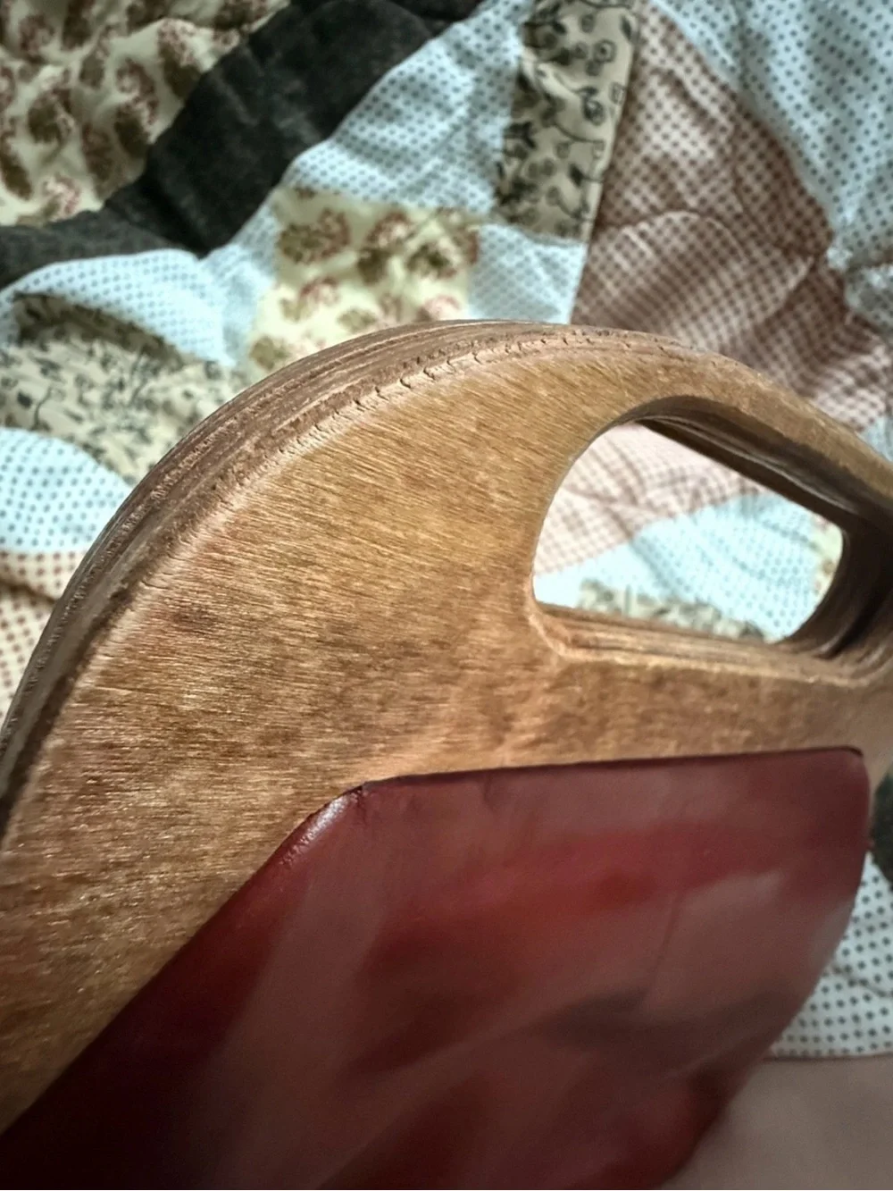 Vintage Etienne Aigner Oxblood Leather Clutch with Wooden Handles.